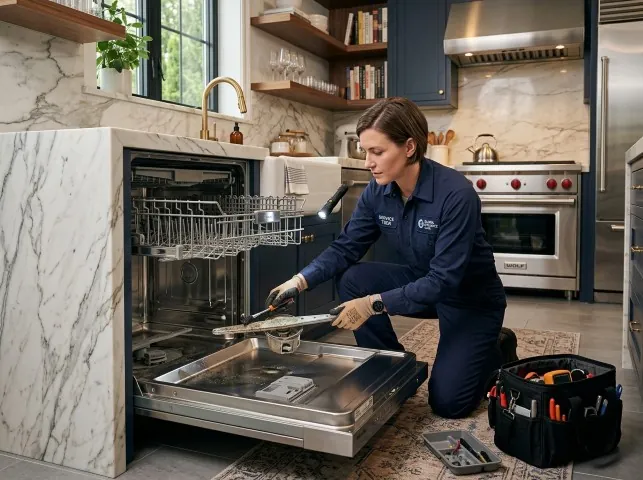 Appliance Repair Hero technician servicing a built-in dishwasher in a Athens, MI kitchen