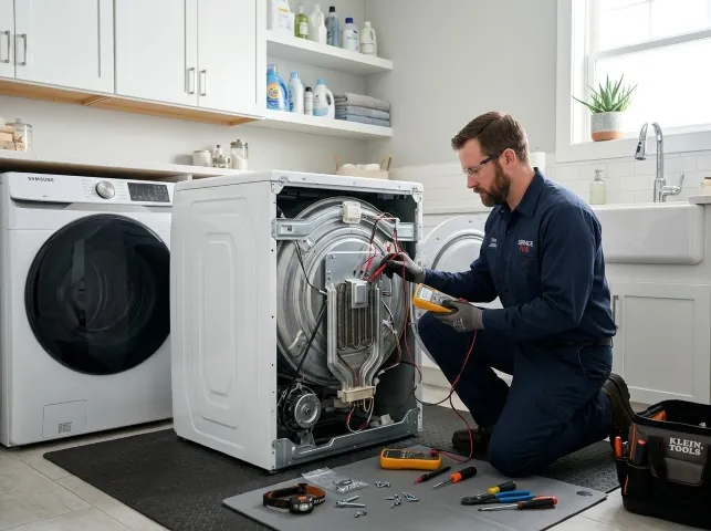 Appliance Repair Hero technician checking a dryer heating element with the rear panel off in Athens, MI