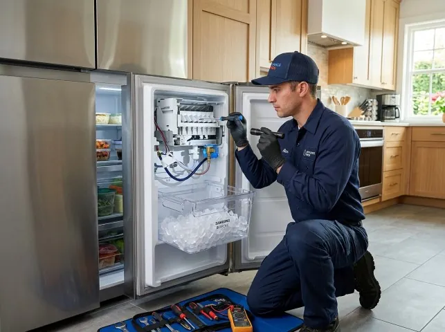 Appliance Repair Hero technician repairing a refrigerator ice maker in Athens, MI