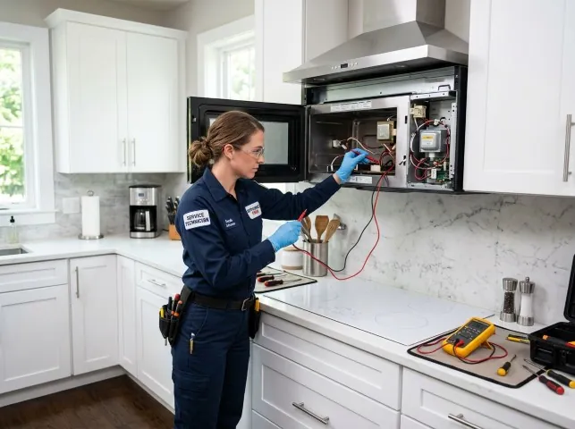 Appliance Repair Hero technician testing an over-the-range microwave in a Athens, MI kitchen