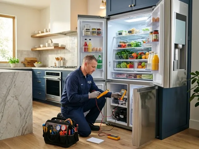 Appliance Repair Hero refrigerator technician testing a fridge on a Athens, MI service call