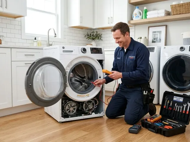 Appliance Repair Hero technician testing a front-load washer with a multimeter on a Athens, MI service call